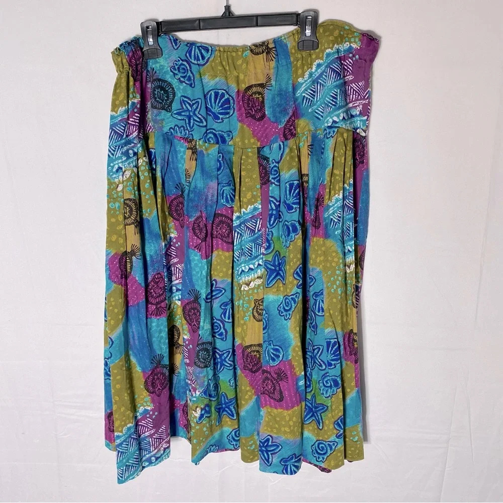 Vintage Handmade Blue Purple Green Multi Print Midi Skirt XL